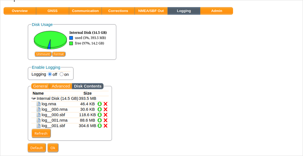 Web UI Septentrio: Logging → Disk Contents con i file di log