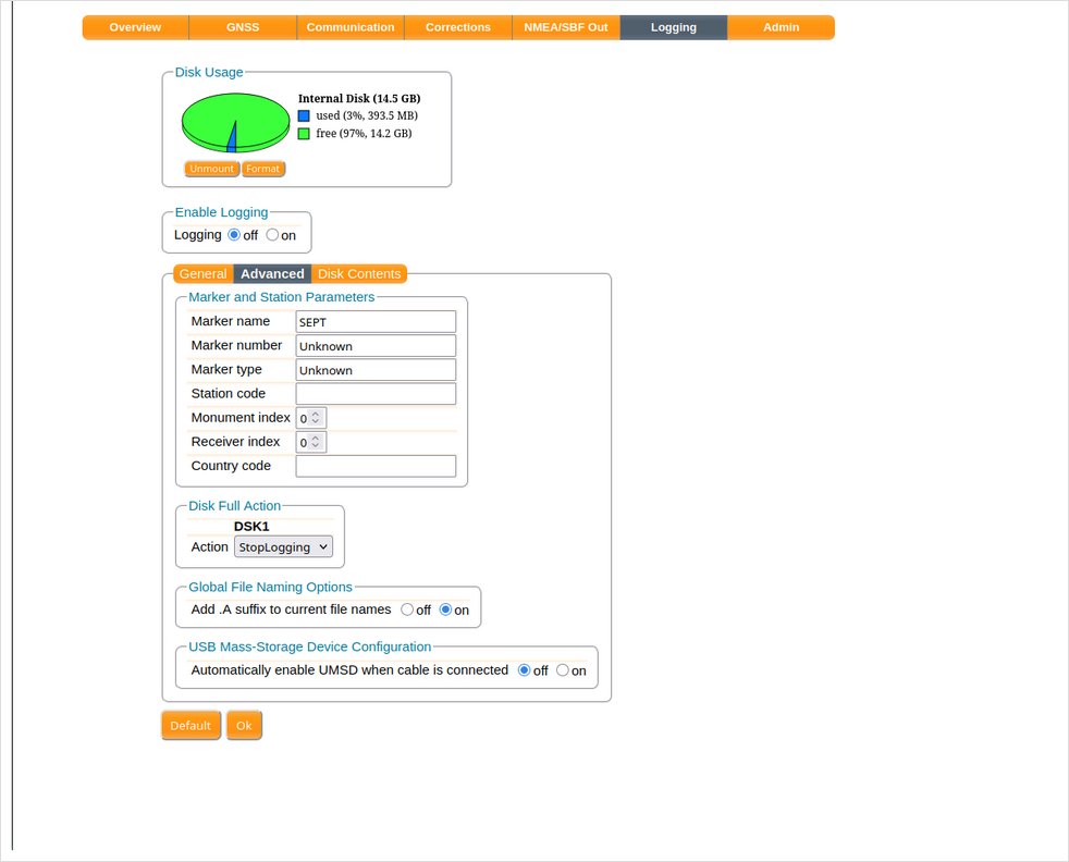 Web UI Septentrio: scheda Advanced del menù Logging