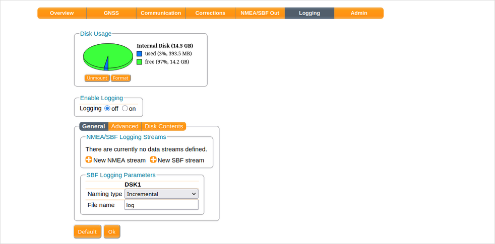 Web UI Septentrio: scheda General del menù Logging