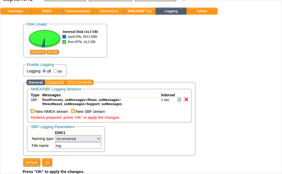 Web UI Septentrio: stream SBF configurato nella scheda General